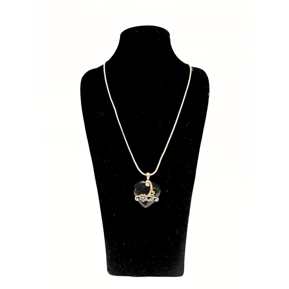 925 Sterling Silver Black Heart Pendant Necklace Snake Chain Floral Accent